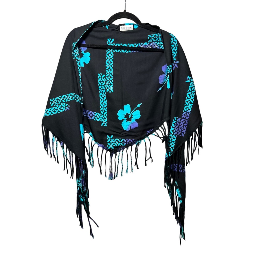 Bali Batiks Hand Painted Beaded Hibiscus Fringe Shawl Wrap Teal Purple Black